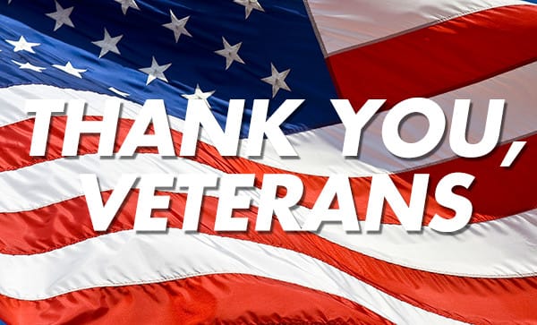 An American flag background with the text "THANK YOU, VETERANS" written in bold white letters, standing strong like a rock.