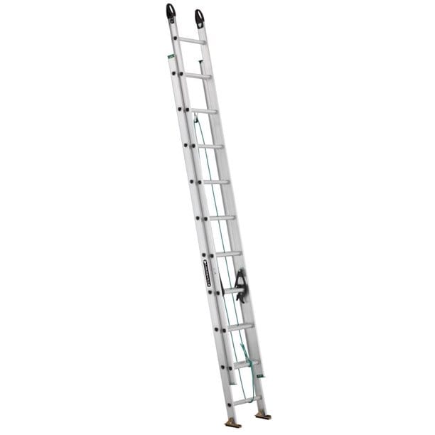 A tall, metal extension ladder with multiple rungs is positioned and extended, standing vertically in the backyard, perfect for enhancing home security.