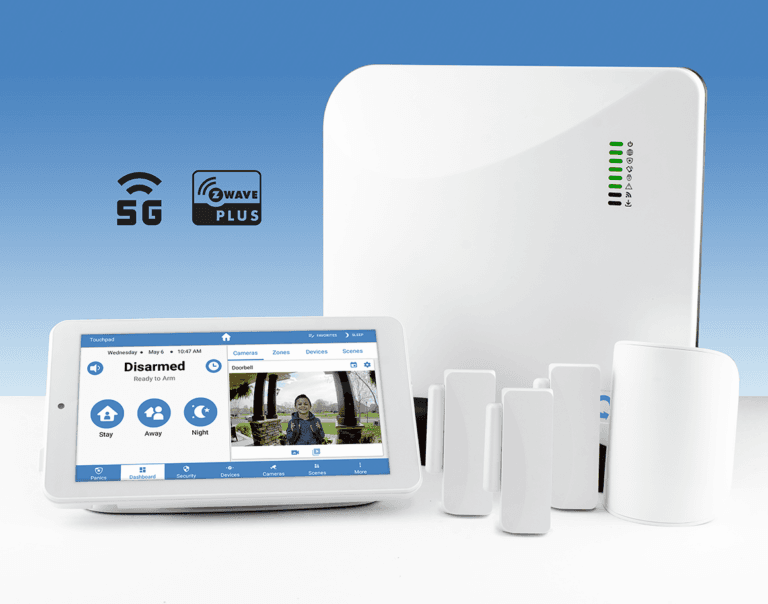 A home security system displayed against a blue background, comprising a control panel, motion sensors, and a hub. Icons indicate 5G and Z-Wave Plus compatibility. The control panel shows a disarmed status. Consult your local Alula Dealer or an authorized Alula installer for setup.