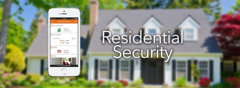 A smartphone screen displays a home security app against the backdrop of a large house, featuring the text "Residential Security". In today's economy, having an affordable home security system ensures peace of mind without breaking the bank.