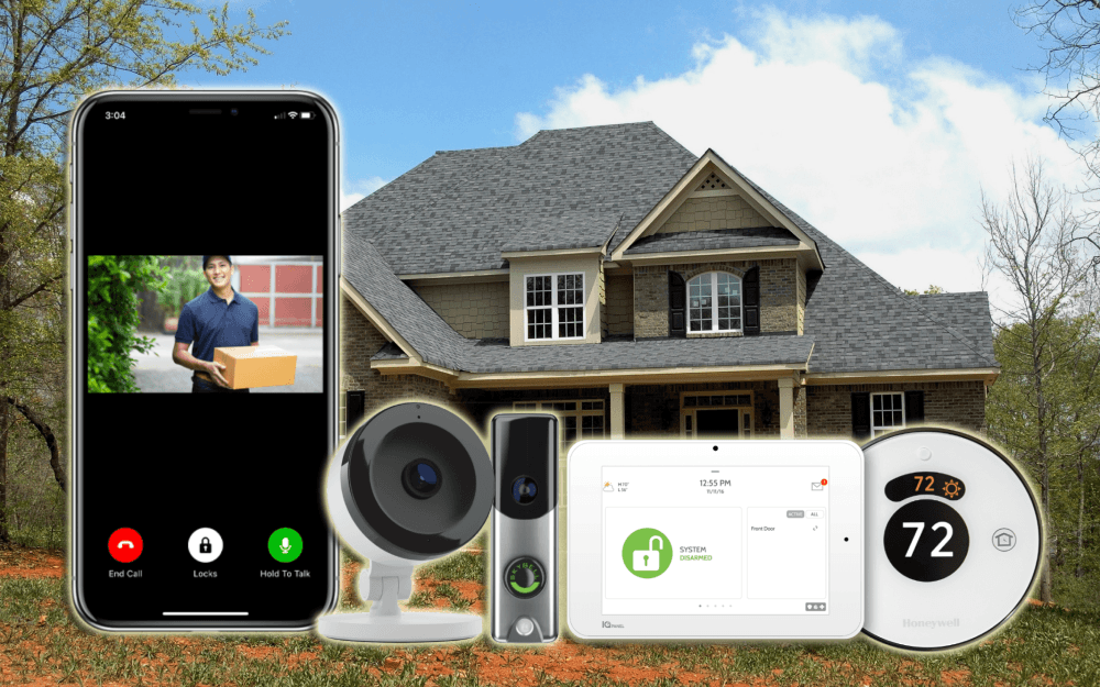 A house with a Honeywell Home Security system setup, including a smartphone showing a delivery person on video call, cameras, a smart thermostat, a doorbell camera, and a touchscreen control panel.