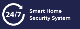 A logo with a rotating arrow around "24/7" on the left and the text "Smart Home Security System" on a dark blue background.