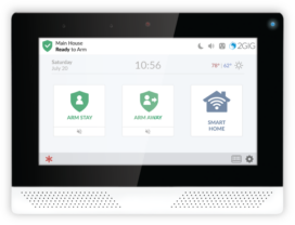 A touchscreen home security system display from new systems shows options to arm stay, arm away, and access smart home features. The screen also displays the date, time, temperature, and connection status.