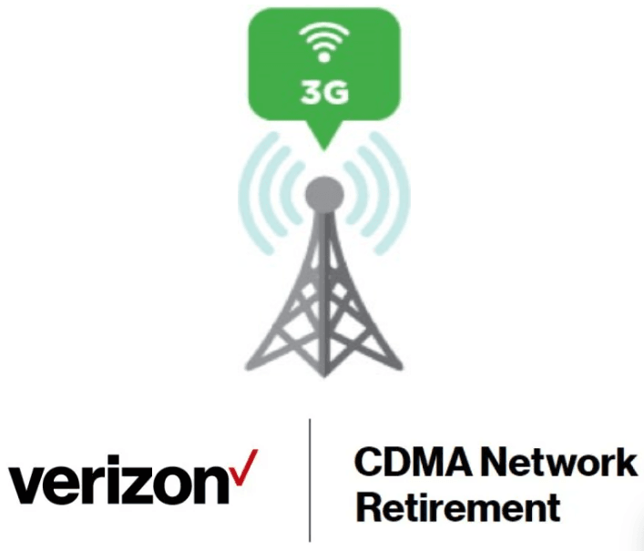 Illustration of a telecommunications tower emitting signals with "3G" in a green speech bubble above. Below, logos for Verizon and text "CDMA Network Retirement.