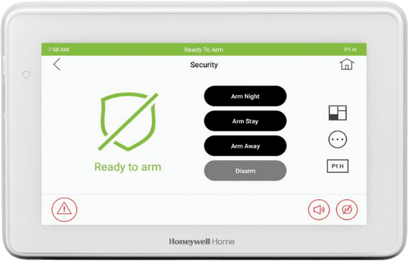 A touchscreen security system display showing options to "Arm Night," "Arm Stay," "Arm Away," and "Disarm." The screen, part of the new systems lineup, indicates "Ready to arm" with a green shield icon.