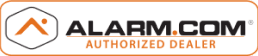 Alarm.com authorized dealer logo featuring an orange and black design with a stylized letter "A" on the left, representing innovation in home security.