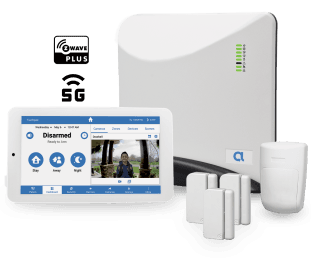 Home security system featuring a control panel, tablet interface displaying disarm status on the main page, sensors, and a motion detector.