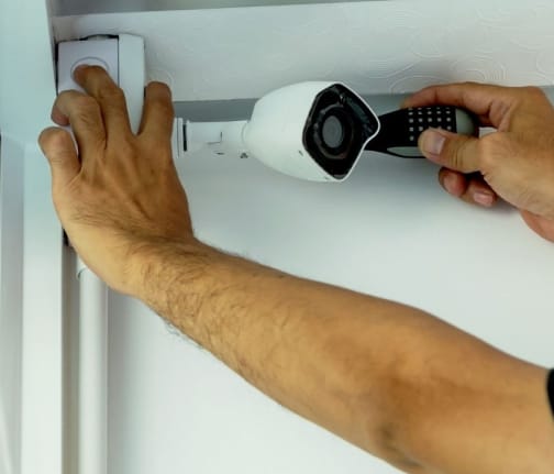 A person is installing a white security camera in an indoor corner, using one hand to hold the camera and the other to adjust its position, ensuring enhanced home security.