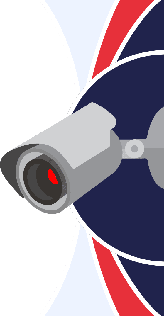 Illustration of a security camera with a red lens mounted on a blue and white circular background with red accents, ideal for home security systems.