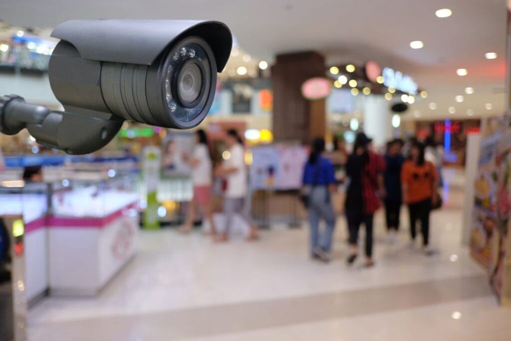 Close-up of a newly installed CCTV security camera in focus with a blurred background of people walking in a brightly lit shopping mall.