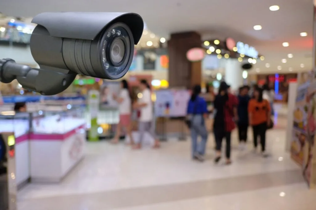 Close-up of a newly installed CCTV security camera in focus with a blurred background of people walking in a brightly lit shopping mall.
