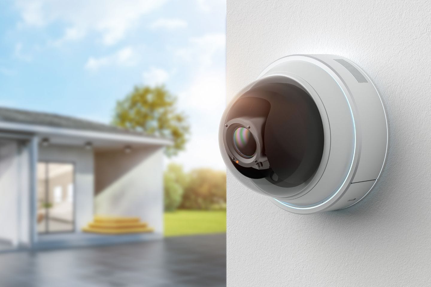 A white Resideo security camera mounted on a wall outside a house with a blurred background of greenery and a building entrance.