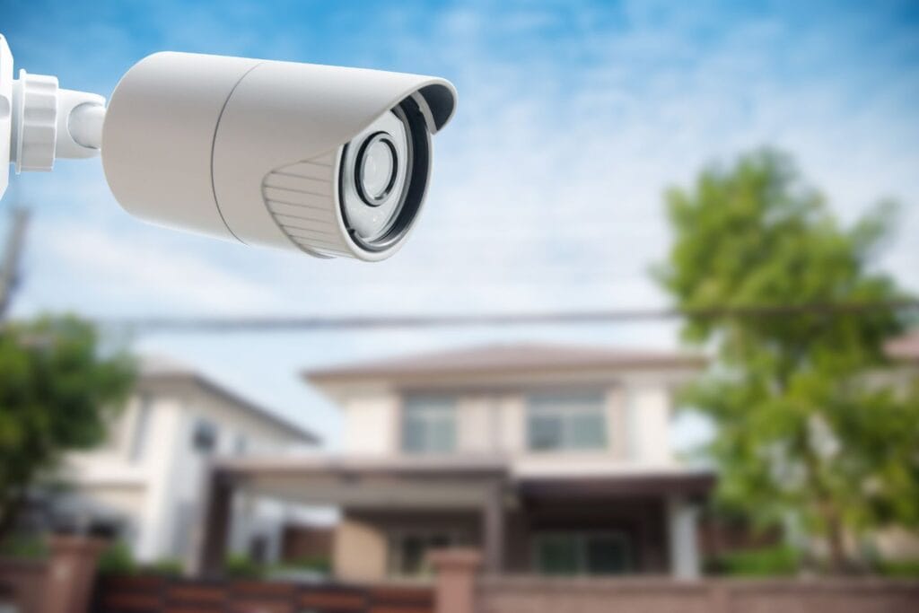 Close-up view of a Resideo security camera mounted outdoors with residential houses in the blurred background.