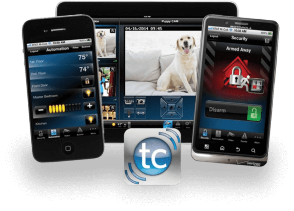 The smart home control interface is displayed on a smartphone, tablet, and another smartphone, emphasizing home automation, security, and pet monitoring. A tc logo is visible in the foreground.