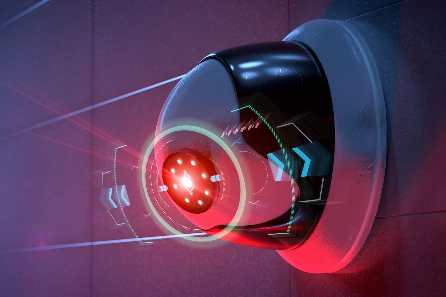 A close-up of a futuristic security camera with red lights and a holographic interface on a wall, showcasing advanced business security solutions.