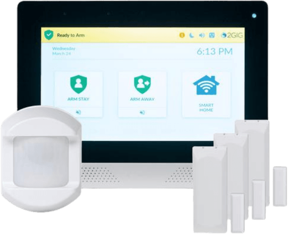 A home security system featuring a touchscreen control panel displaying arm options, a motion sensor, and three white door/window sensors ensures robust home surveillance.