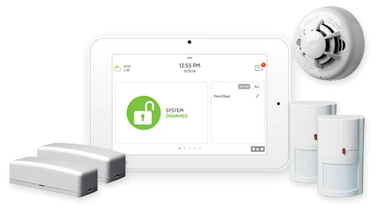 Home security and business security system featuring a control panel, two sensors, a smoke detector, and motion detectors, all elegantly displayed on a white background.