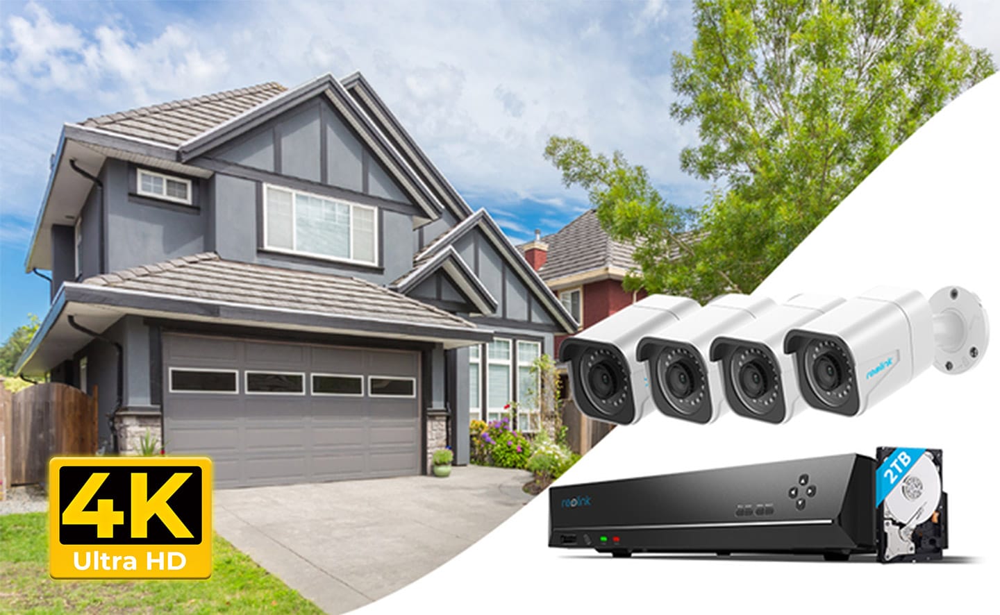 A modern two-story house with a sleek gray exterior, equipped with a comprehensive CCTV installation featuring four security cameras and a DVR device, proudly highlighted by a "4K Ultra HD" label.