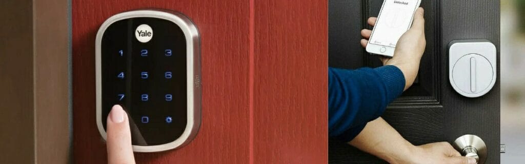 A person enhances their home security by unlocking a door using a smartphone app and a keypad smart lock.