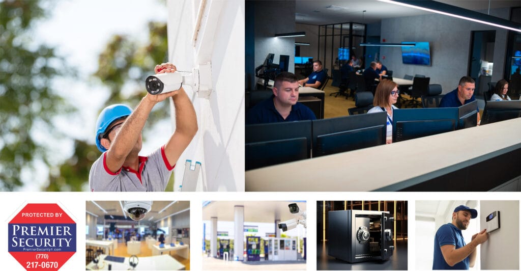 A collage displays home security essentials: surveillance cameras, a man setting up a camera, an office filled with monitors, a secure safe, and a reassuring "Protected by Premier Security" sign complete with contact information.