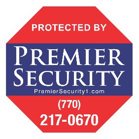 A red and blue octagonal security sign that reads "Protected by Premier Security" ensures peace of mind for your home, complete with a website and phone number for easy access.