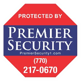 A red and blue octagonal security sign that reads "Protected by Premier Security" ensures peace of mind for your home, complete with a website and phone number for easy access.