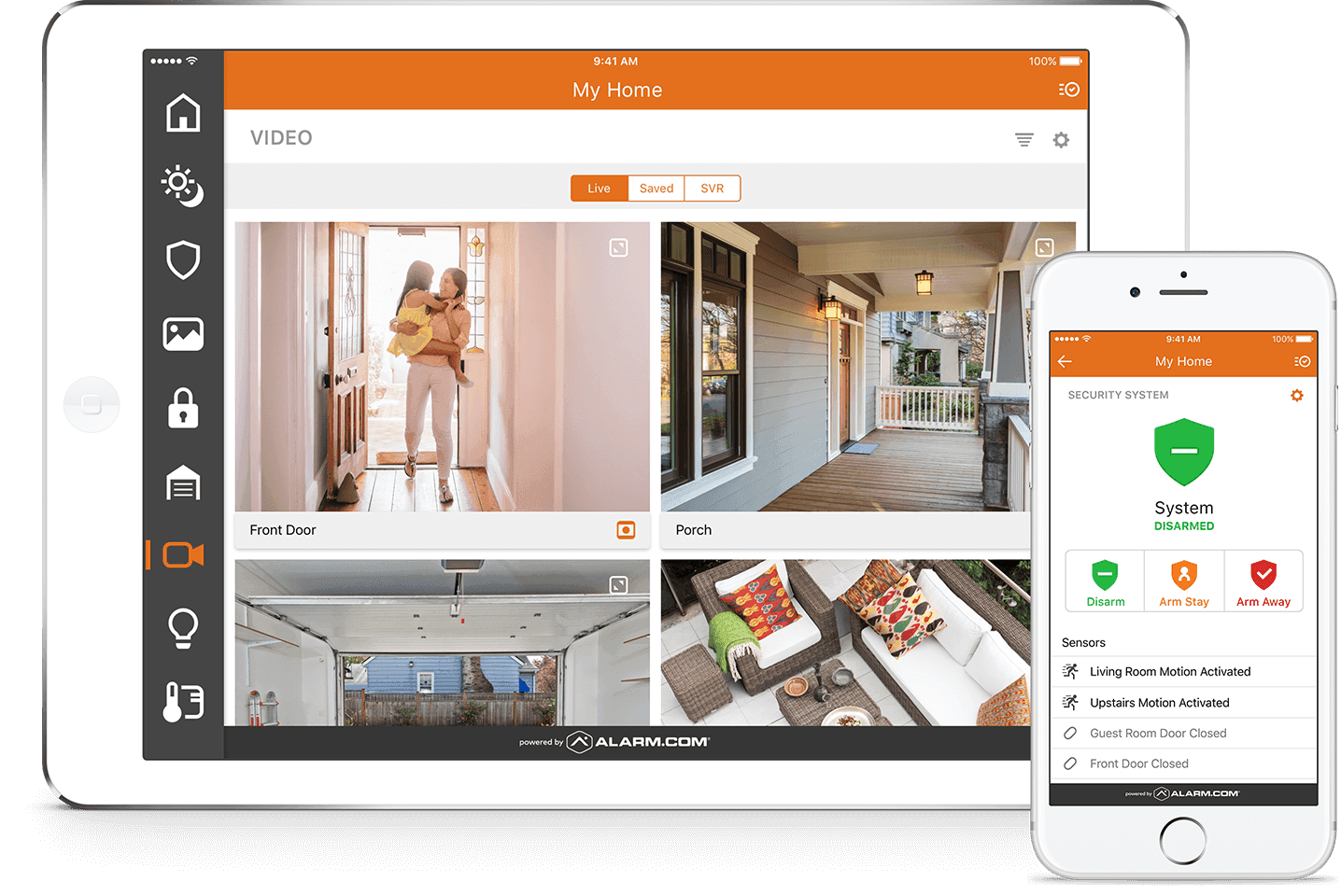 A tablet and smartphone display the Alarm.com home security app interface, showing live video feeds from the front door and porch, along with system status and sensor activations.
