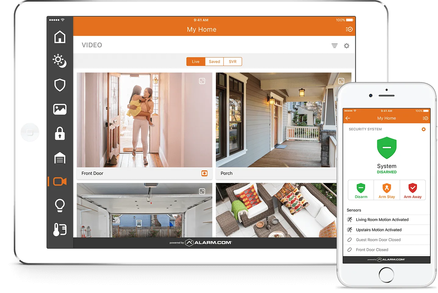 A tablet and smartphone display the Alarm.com home security app interface, showing live video feeds from the front door and porch, along with system status and sensor activations.
