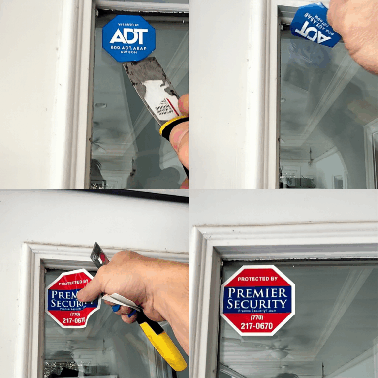 Step-by-step photo collage showing a Premier Security Inc. technician removing an ADT sticker and replacing it with a Premier Security window decal on a residential door in metro Atlanta.