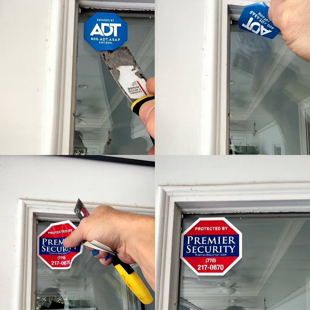 Step-by-step photo collage showing a Premier Security Inc. technician removing an ADT sticker and replacing it with a Premier Security window decal on a residential door in metro Atlanta.
