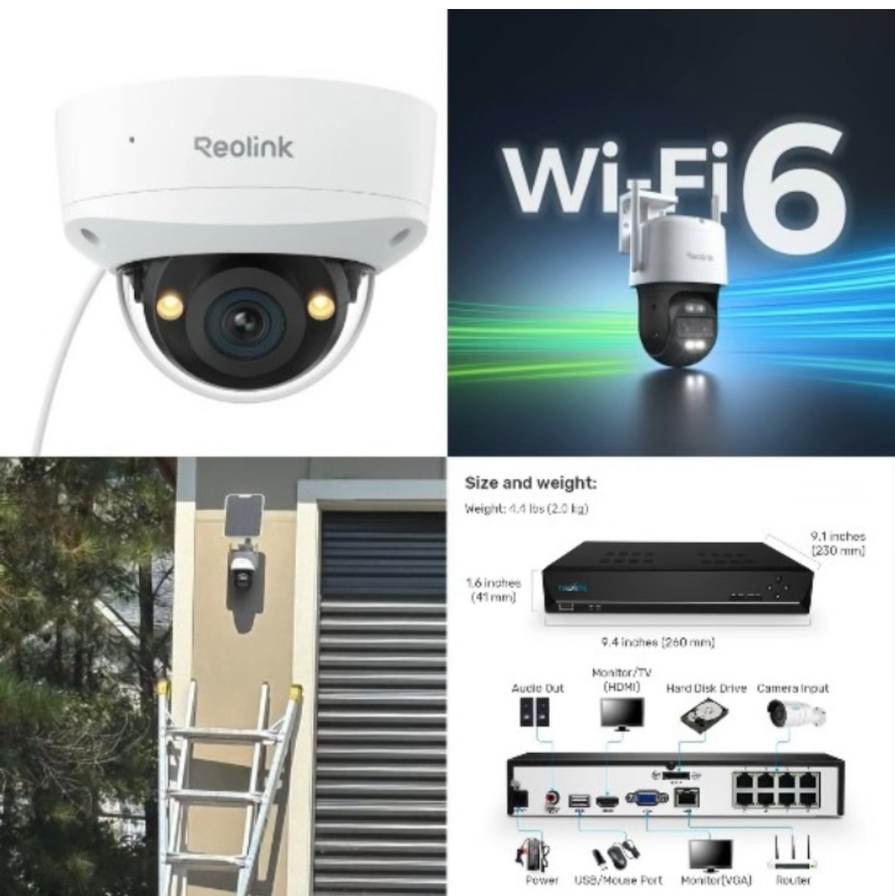 A collage featuring a dome security camera, a Wi-Fi 6 logo with a PTZ and wireless cameras, a camera above a garage, plus a diagram of a security system’s connections and dimensions.
