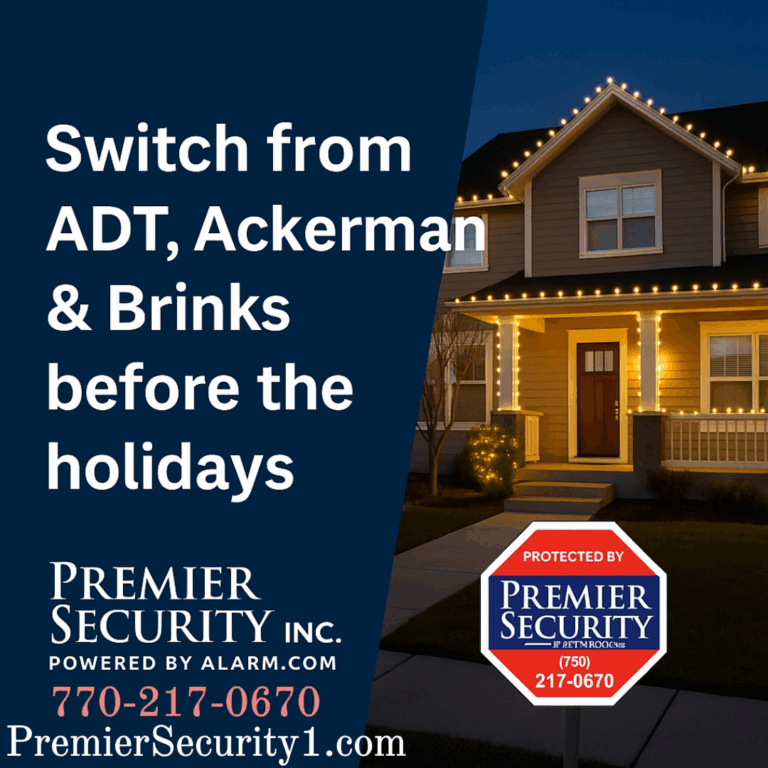 A house decorated with holiday lights at night features a Premier Security yard sign, reminding Atlanta homeowners to consider switching security companies before the holidays.